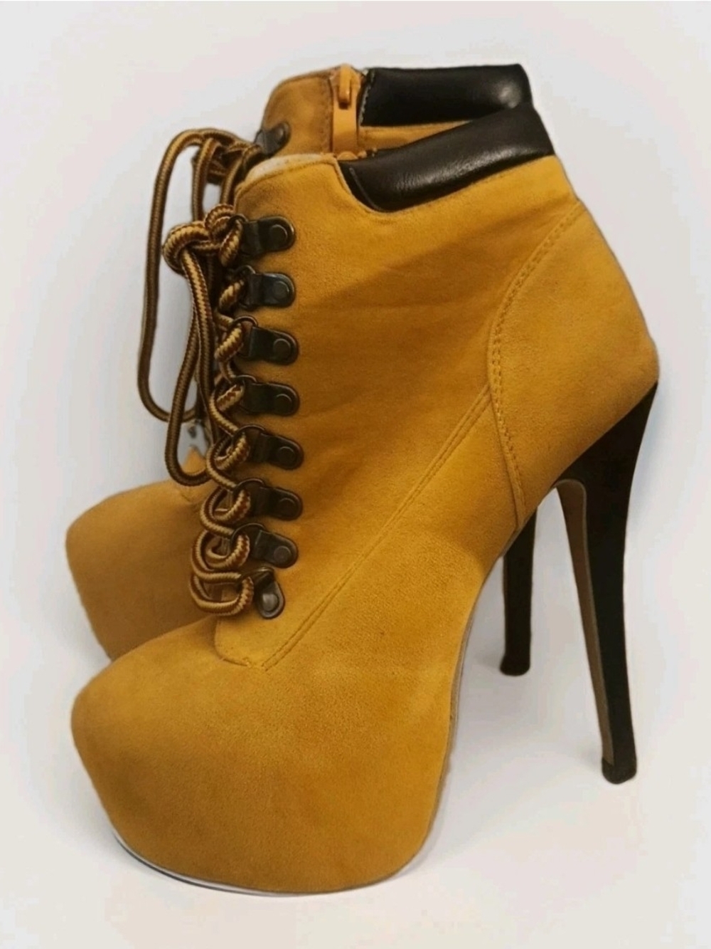 Women's Mustard Suede Lace-Up Platform Ankle Boots with High Stiletto Heel